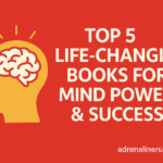 Illustration of a yellow human head with a brain emitting rays, set against a red background. Bold white text beside the head reads “Top 5 Life-Changing Books for Mind Power & Success.” The website name “adrenalinerush24.ca” is displayed in the bottom right corner.