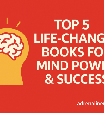 Illustration of a yellow human head with a brain emitting rays, set against a red background. Bold white text beside the head reads “Top 5 Life-Changing Books for Mind Power & Success.” The website name “adrenalinerush24.ca” is displayed in the bottom right corner.
