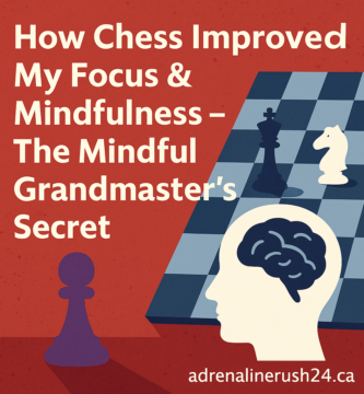 Digital graphic showing a red background with a purple pawn on the left and a blue chessboard on the right. A white silhouette of a human head with a brain is placed on the board. Text reads “How Chess Improved My Focus & Mindfulness – The Mindful Grandmaster’s Secret” with "adrenalinerush24.ca" at the bottom.