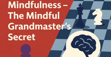 Digital graphic showing a red background with a purple pawn on the left and a blue chessboard on the right. A white silhouette of a human head with a brain is placed on the board. Text reads “How Chess Improved My Focus & Mindfulness – The Mindful Grandmaster’s Secret” with "adrenalinerush24.ca" at the bottom.