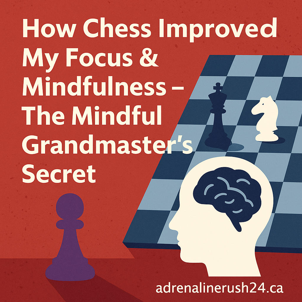Digital graphic showing a red background with a purple pawn on the left and a blue chessboard on the right. A white silhouette of a human head with a brain is placed on the board. Text reads “How Chess Improved My Focus & Mindfulness – The Mindful Grandmaster’s Secret” with "adrenalinerush24.ca" at the bottom.