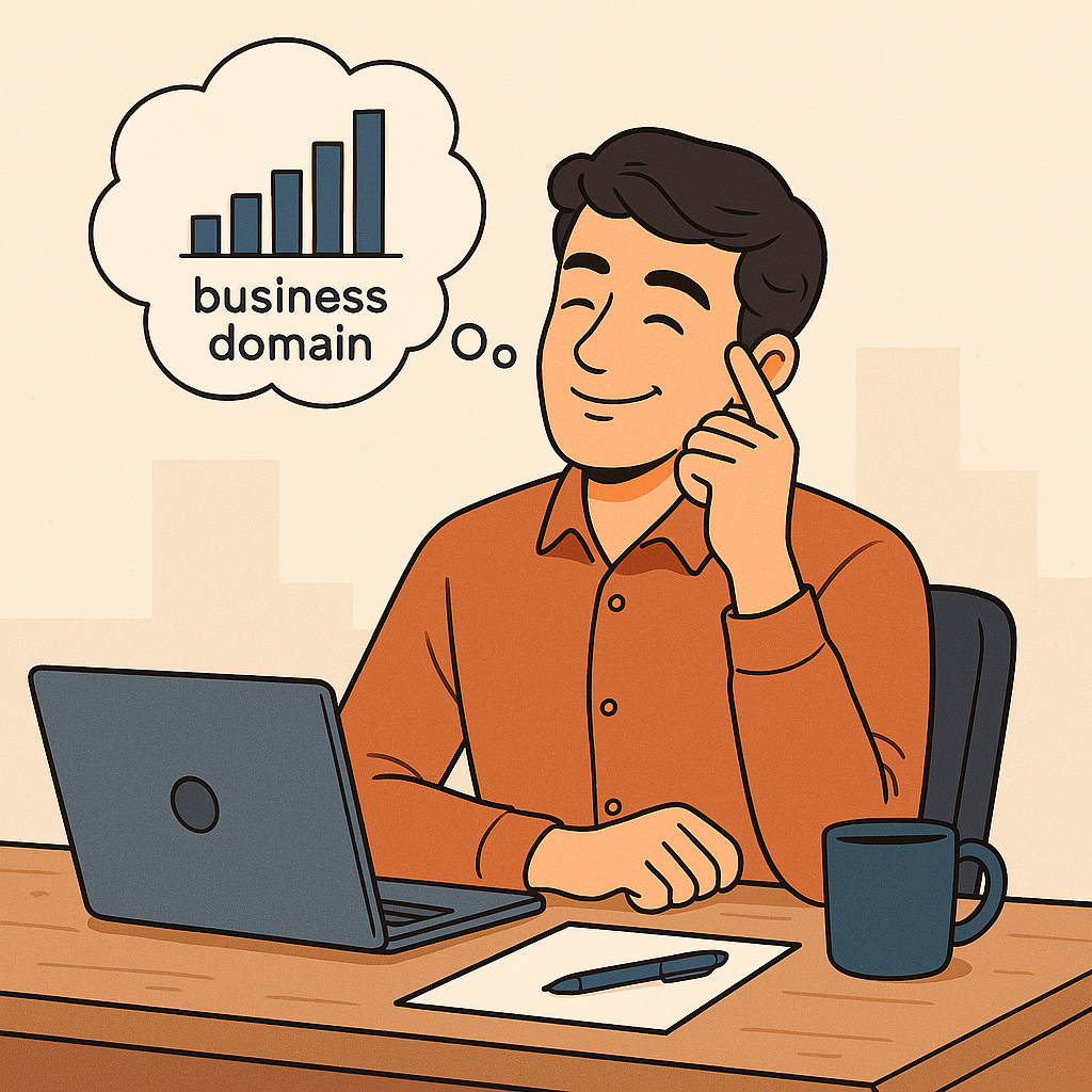 Illustration of a young man sitting at a desk with a laptop, smiling and thinking about business domain strategy, represented by a thought bubble containing a bar chart labeled 'business domain