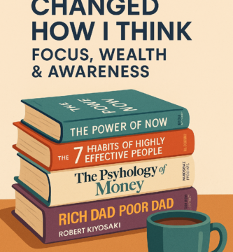 Illustration of four life-changing books on focus, wealth, and awareness arranged on a desk with a coffee mug, highlighting titles by Eckhart Tolle, Robert Kiyosaki, Morgan Housel, and Stephen Covey.